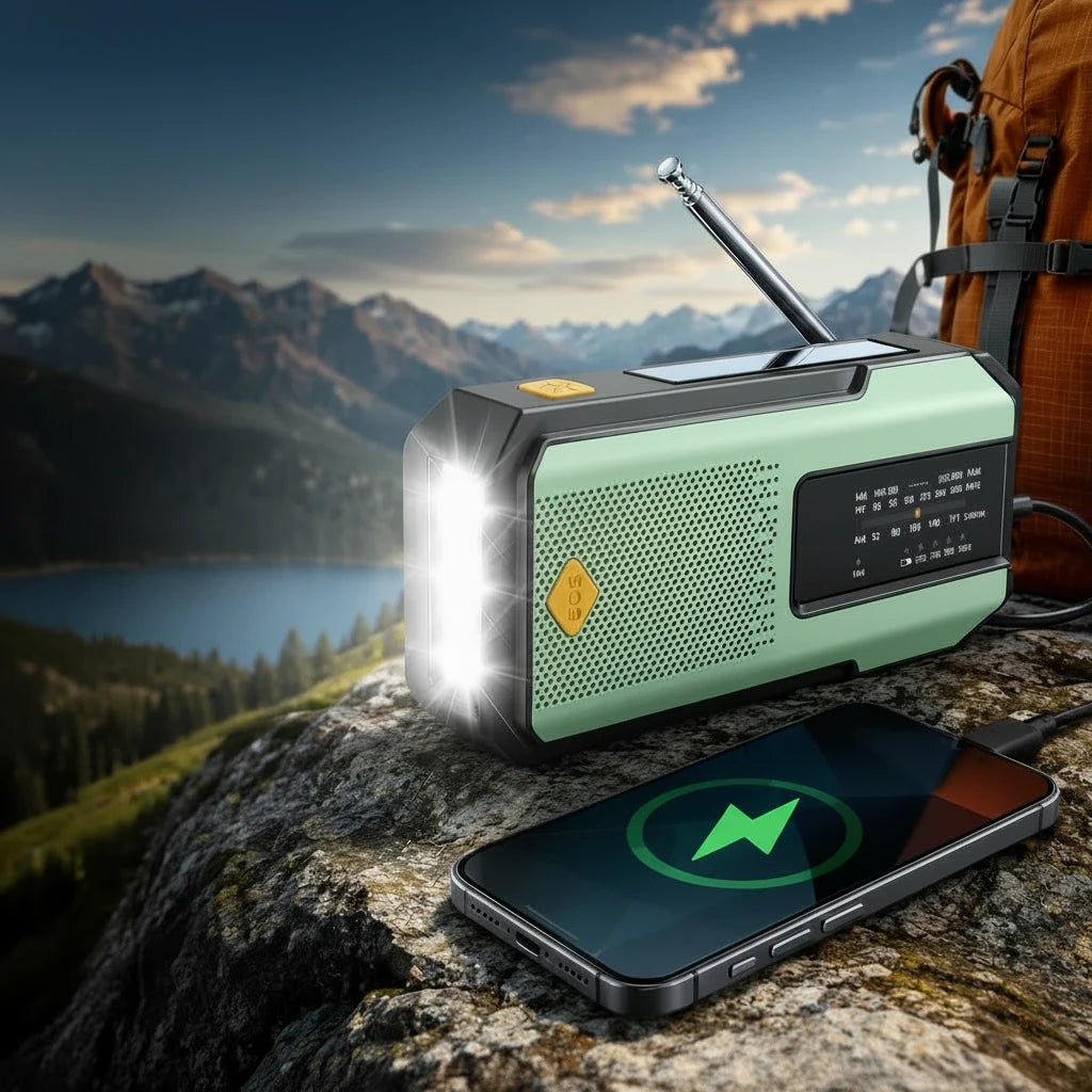 Radio d'Urgence Multifonction — AM/FM/WB, Solaire, Manivelle & Lampe SOS