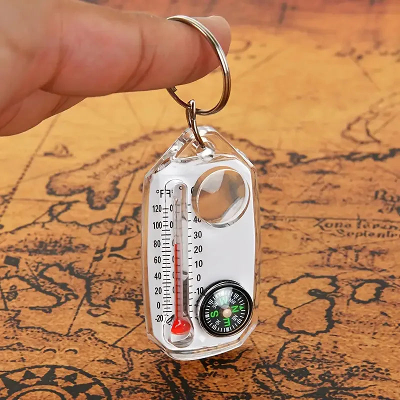 Porte-Clés 3-en-1 – Boussole, Thermomètre & Loupe