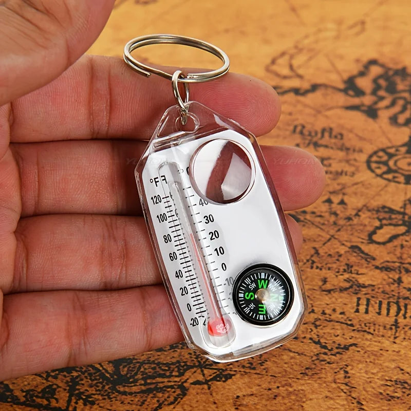 Porte-Clés 3-en-1 – Boussole, Thermomètre & Loupe